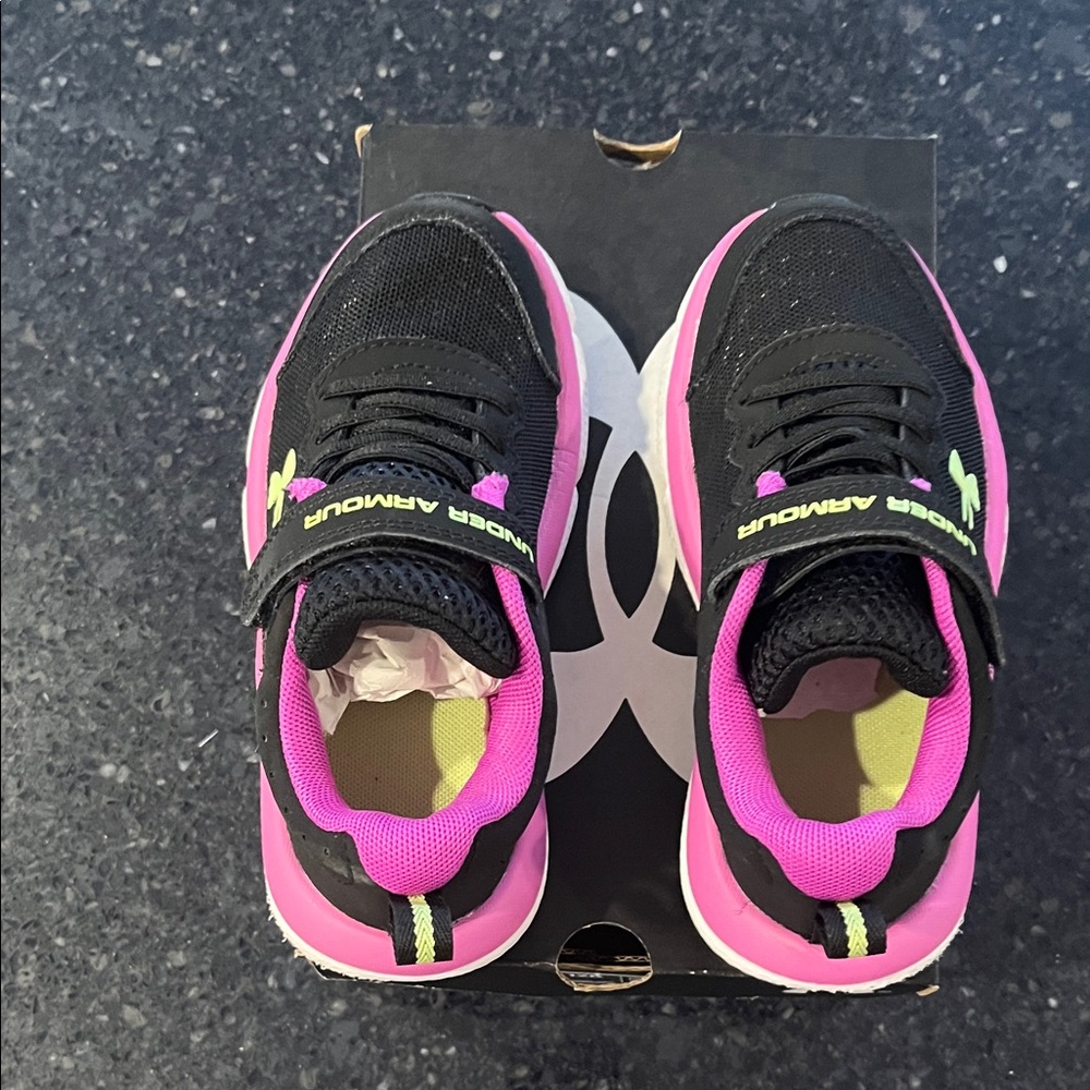 Under Armour Black & Pink Kids' Athletic Sneakers with Yellow Logo - Picture 6 of 8